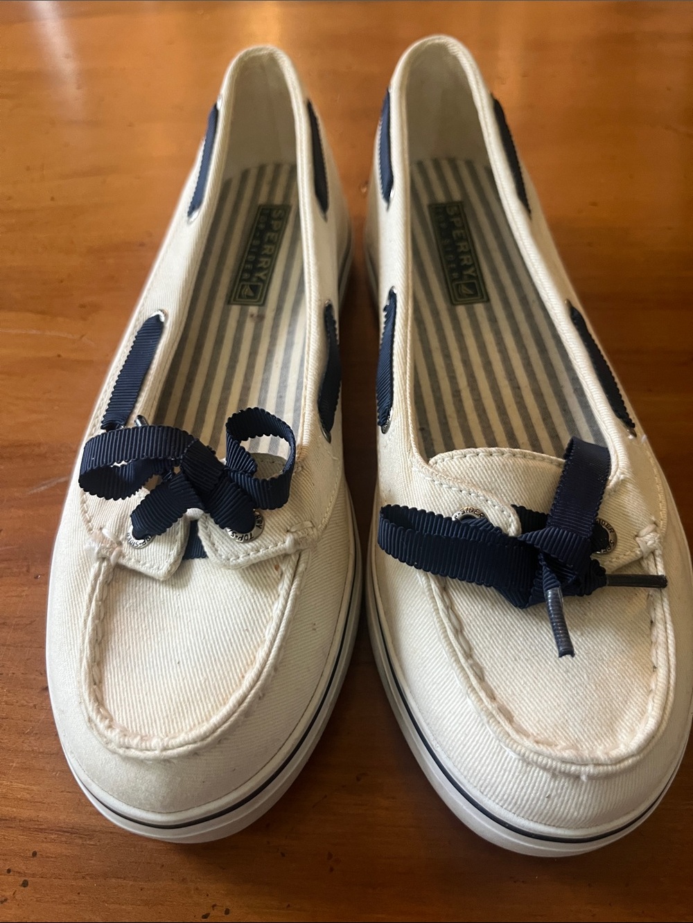 Sperry Cream Canvas Slip-Ons with Navy Ribbon
